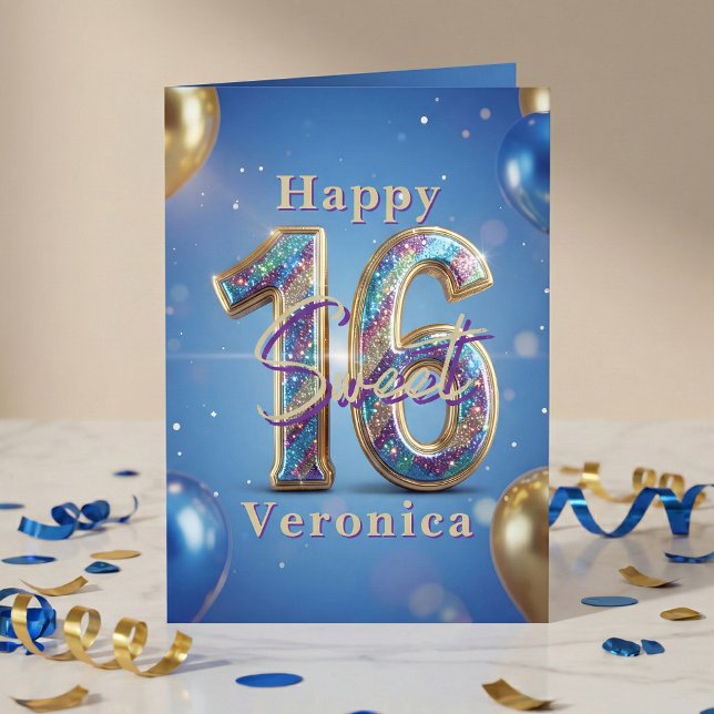 Sweet 16 Royal Blue Gold Glitter Balloon Birthday Karte (Von Creator hochgeladen)