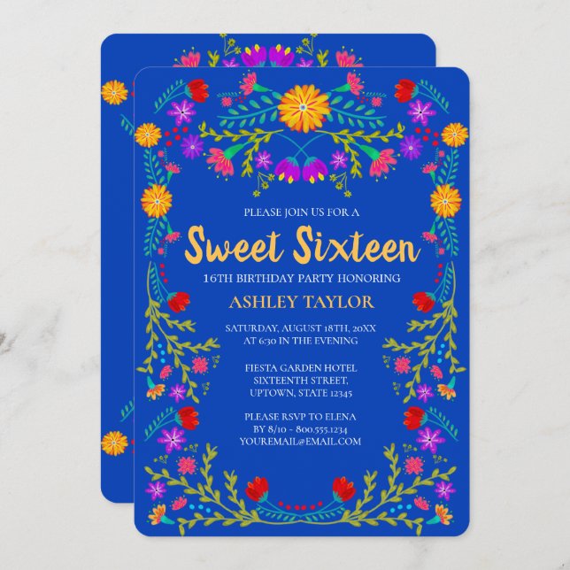 Sweet 16 Royal Blue Mexican Fiesta Floral Geburtst Einladung (Vorne/Hinten)