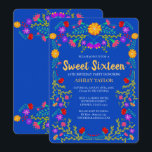 Sweet 16 Royal Blue Mexican Fiesta Floral Geburtst Einladung<br><div class="desc">Royal Blue Sweet 16 Einladung für die 16. Geburtstagsfeier Ihrer Tochter. Dieses Blumenmotiv besticht durch helle und farbenfrohe mexikanische Folklorekunst-Blume in Rot, Rosa, lila und Gelb auf einem königsblauen Hintergrund. Die Rückseite der Karte ist von mehr Blume umgeben. Die Vorlage ist für Sie bereit, um die Karte mit all Ihren...</div>