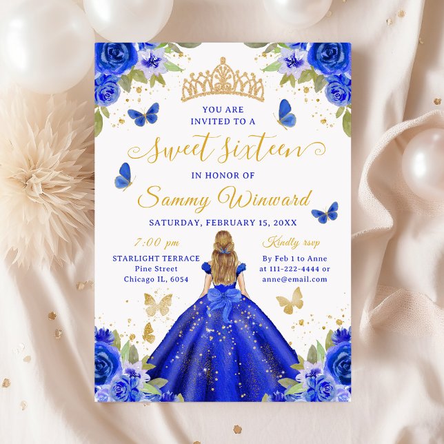 Sweet 16 Royal Blue Princess Blonde Girl Einladung (Von Creator hochgeladen)