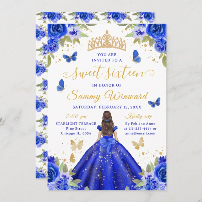 Sweet 16 Royal Blue Princess Brunette Girl Einladung (Vorne/Hinten)