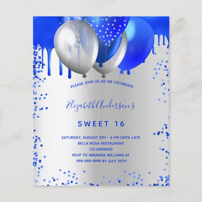 Sweet 16 Royal Blue Silber Einladung Budget Flyer (Vorne)