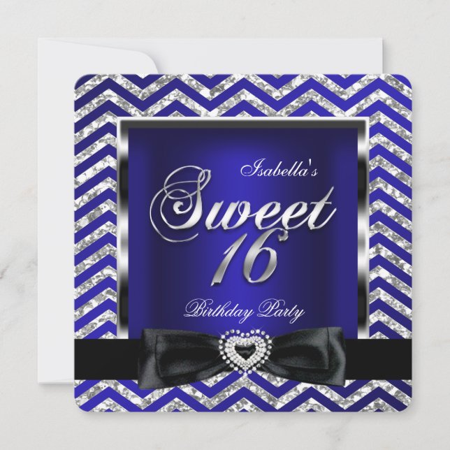 Sweet 16 Royal Blue Zickzack Stripe Silver Black Einladung (Vorderseite)