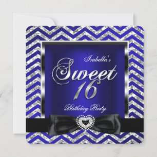 Sweet 16 Royal Blue Zickzack Stripe Silver Black Einladung