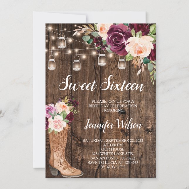 Sweet 16 Rustic Boho Blumenstrauß Lights Invitati Einladung (Vorderseite)