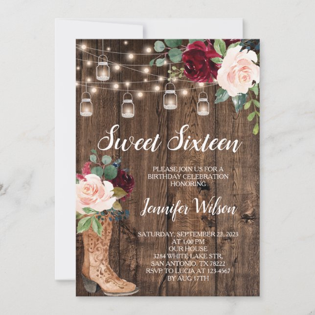 Sweet 16 Rustic Boho Blumenstrauß Lights Invitati Einladung (Vorderseite)