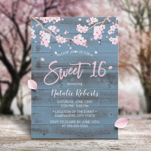 Sweet 16 Rustic Cherry Blossom Blume Dusty Blue Einladung