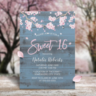 Sweet 16 Rustic Cherry Blossom Blume Dusty Blue Einladung