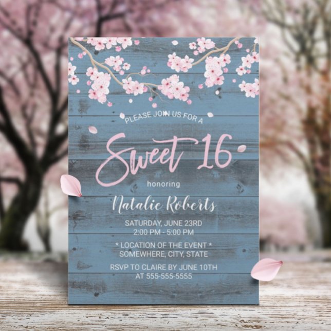 Sweet 16 Rustic Cherry Blossom Blume Dusty Blue Einladung (Von Creator hochgeladen)