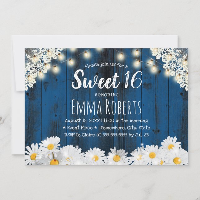 Sweet 16 Rustic Daisy Blume String Lights Navy Einladung (Vorderseite)