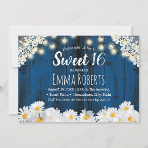 Sweet 16 Rustic Daisy Blume String Lights Navy Einladung