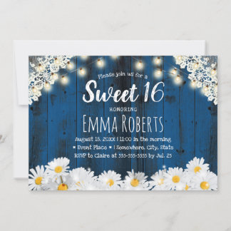 Sweet 16 Rustic Daisy Blume String Lights Navy Einladung