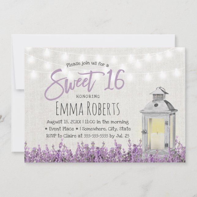 Sweet 16 Rustic Lavendel Floral Weiße Laterne Einladung (Vorderseite)