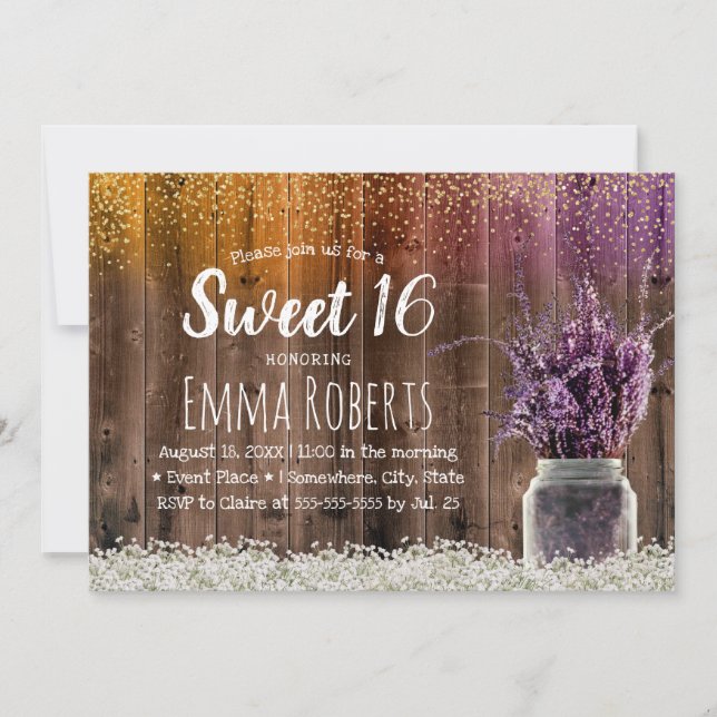 Sweet 16 Rustic Lavender Floral Jar Gold Confetti Einladung (Vorderseite)