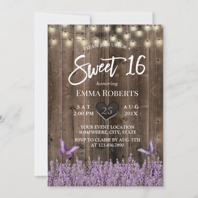 Sweet 16 Rustic Lavender Floral Klasse Holz Einladung (Vorderseite)
