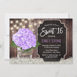 Sweet 16 Rustic Lila Hydrangea Blume Mason Jar Einladung