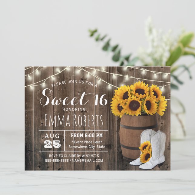 Sweet 16 Rustic Sonnenblume Barrel Country Cowgirl Einladung (Stehend Vorderseite)