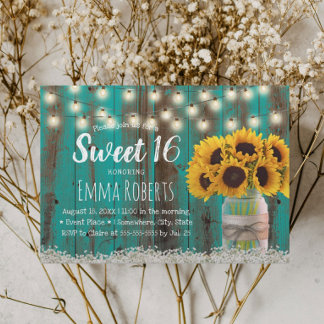 Sweet 16 Rustic Sonnenblume Jar Aquamarin Stallhol Einladung