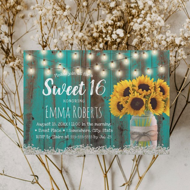 Sweet 16 Rustic Sonnenblume Jar Aquamarin Stallhol Einladung (Von Creator hochgeladen)