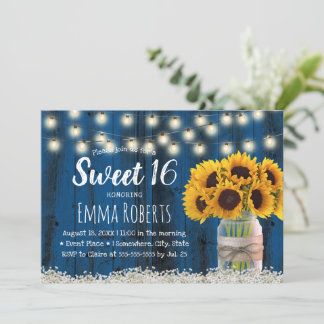 Sweet 16 Rustic Sunflower Jar Navy Barn Wood Einladung
