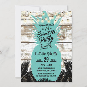 Sweet 16 Rustic Tropical Beach Aquamarin Ananas Einladung