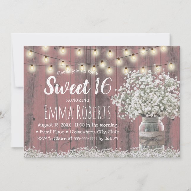 Sweet 16 Rustikale Babys atmen Blumenkohl Jar Pink Einladung (Vorderseite)