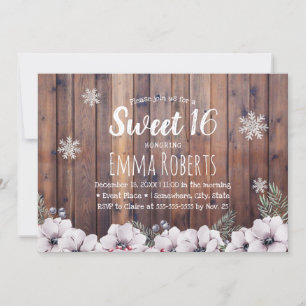 Sweet 16 Rustikale Winter Floral Schneeflocken Einladung