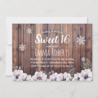 Sweet 16 Rustikale Winter Floral Schneeflocken Einladung