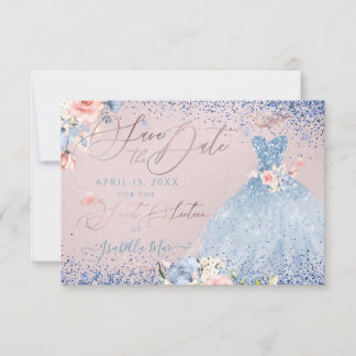 Sweet 16 Save the Date Dusty Blue Gown Einladung