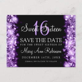Sweet 16 "Save the Date" Funkellichter Lila Ankündigungspostkarte