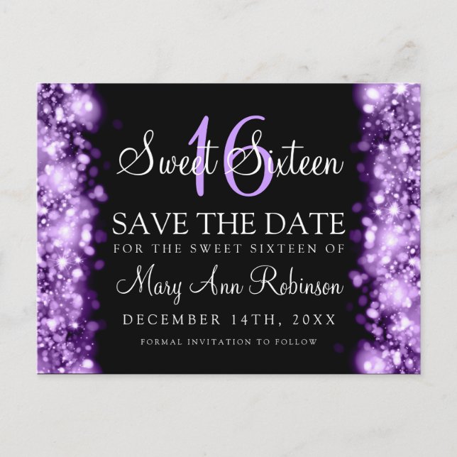 Sweet 16 "Save the Date" Funkellichter Lila Ankündigungspostkarte (Vorderseite)