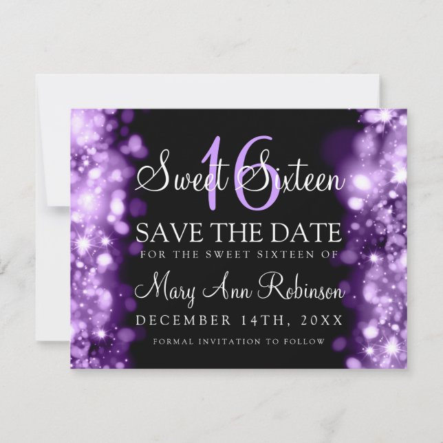 Sweet 16 "Save the Date" Funkellichter Lila Save The Date (Vorderseite)