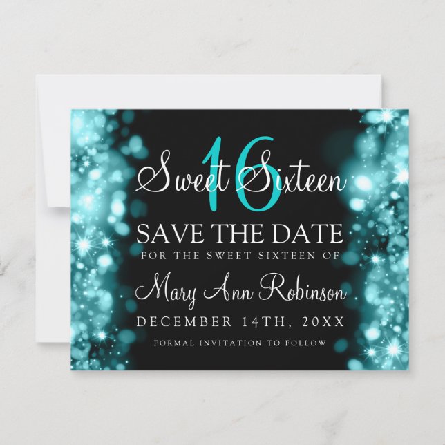 Sweet 16 Save the Date funkelnde Lichter Aquamarin (Vorderseite)