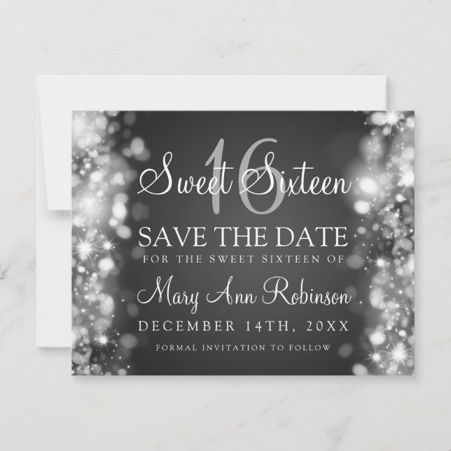 Sweet 16 "Save the Date" funkelnde Lichter Silber Save The Date (Vorderseite)