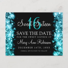 Sweet 16 "Save the Date" funkelnde Lichter Türkis Ankündigungspostkarte