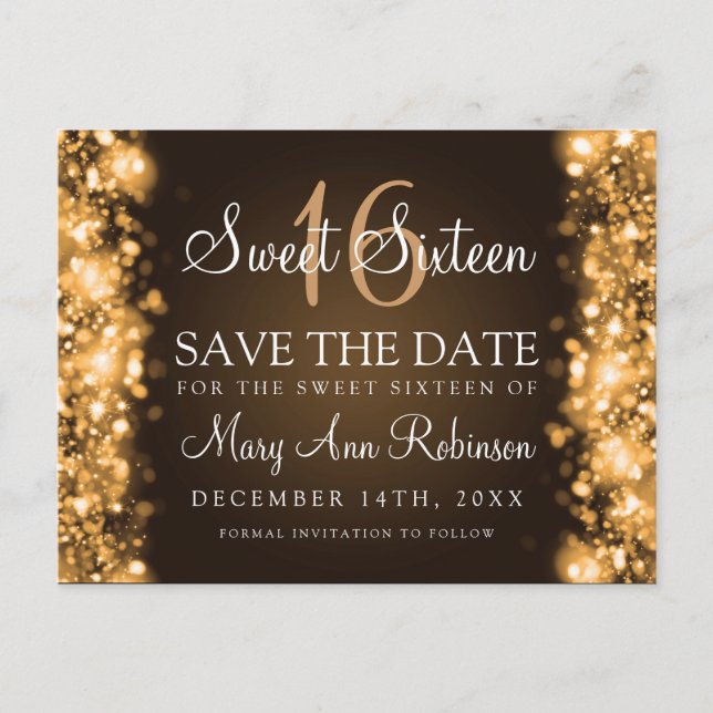 Sweet 16 "Save the Date" funkelnde Lights Gold Ankündigungspostkarte (Vorderseite)
