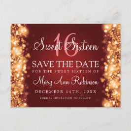 Sweet 16 "Save the Date" funkelnde Lights Gold Red Ankündigungspostkarte