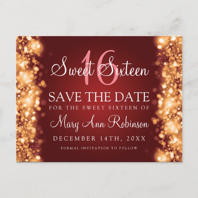 Sweet 16 "Save the Date" funkelnde Lights Gold Red Ankündigungspostkarte (Vorderseite)