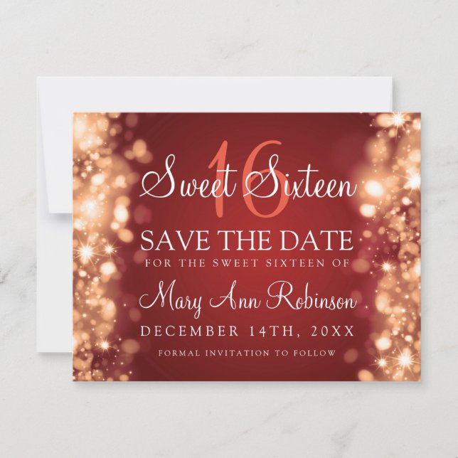 Sweet 16 "Save the Date" funkelnde Lights Red Gold Save The Date (Vorderseite)
