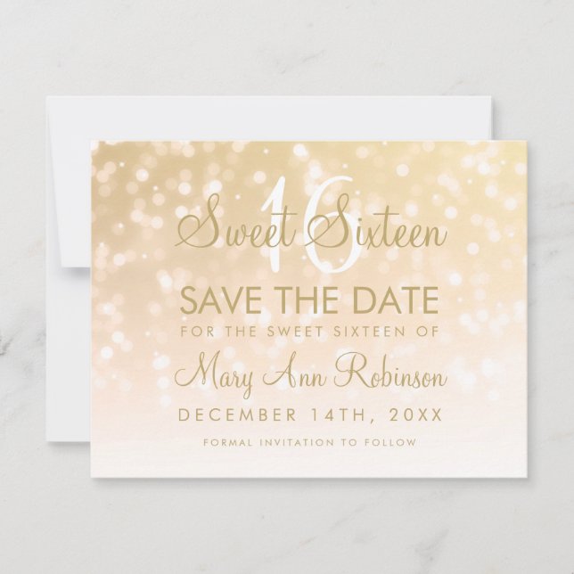 Sweet 16 Save the Date Gold Bokeh Sparkle Lights (Vorderseite)