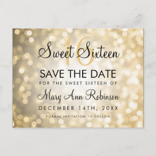 Sweet 16 Save the Date Gold Glitzer Lights Ankündigungspostkarte