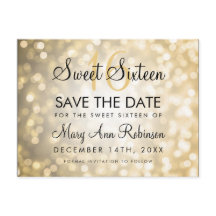 Sweet 16 Save the Date Gold Glitzer Lights