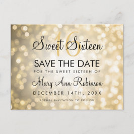 Sweet 16 Save the Date Gold Glitzer Lights Ankündigungspostkarte