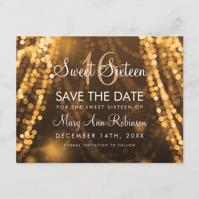 Sweet 16 "Save the Date" Gold String Lights Ankündigungspostkarte (Vorderseite)