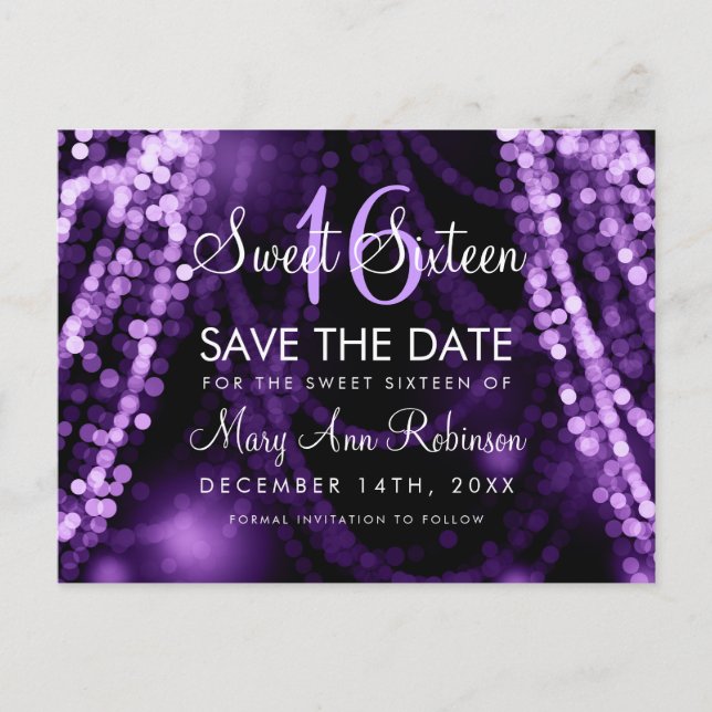 Sweet 16 "Save the Date" Lila String Lights Ankündigungspostkarte (Vorderseite)