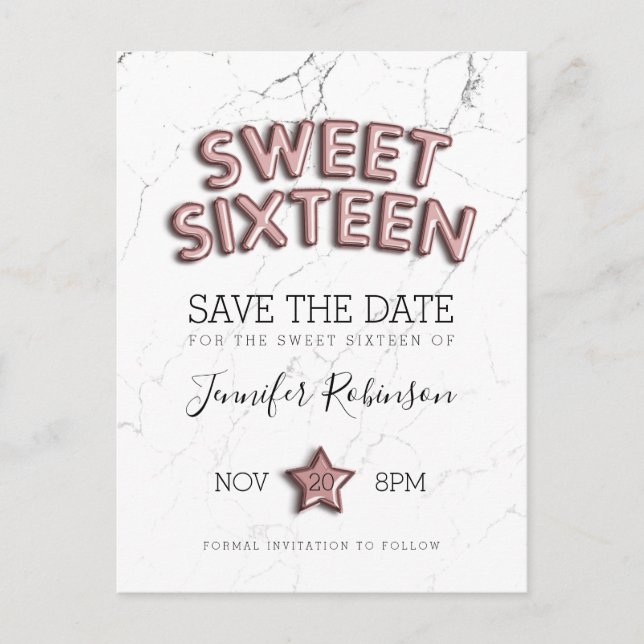 Sweet 16 Save the Date Rose Gold Balloons Glitzer Ankündigungspostkarte (Vorderseite)