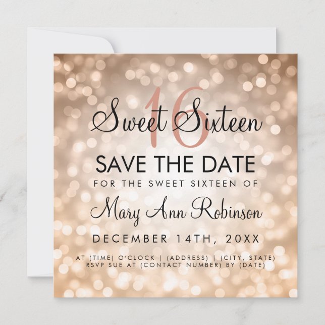 Sweet 16 Save the Date Rose Gold Glitzer Lights Einladung (Vorderseite)