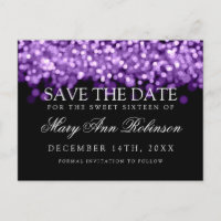 Sweet 16 Save the Date schimmernde Lila Lichter
