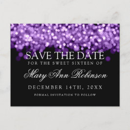Sweet 16 Save the Date schimmernde Lila Lichter Ankündigungspostkarte