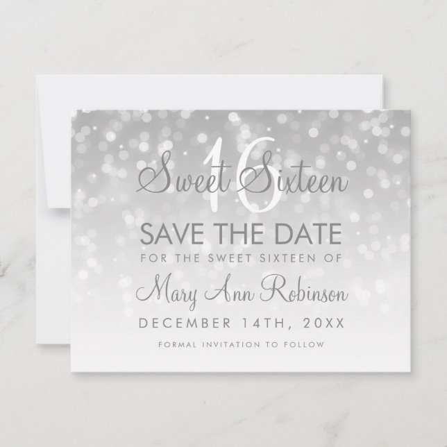 Sweet 16 Save the Date Silver Bokeh Sparkle Lights (Vorderseite)